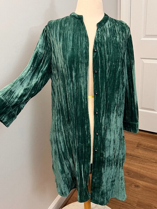Coldwater Creek Jackets & Blazers - Coldwater Creek Emerald Teal Crushed Velvet Long Shirt Jacket Sz L